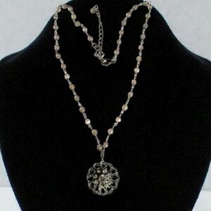 VTG Dainty Rhinestone Faux Pearl Gun Metal Victorian Revival Pendant Necklace